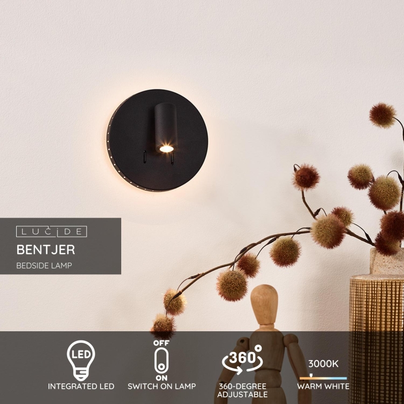 Lucide BENTJER - Nástenné svietidlo - Ø 14 cm - LED - 1x11W 3000K - Čierna